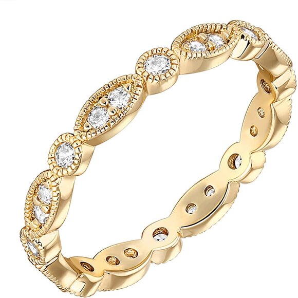 Women Yellow Gold 14K Gold Plated Cubic Zirconia Band Eternity Rings - Picture 1 of 6